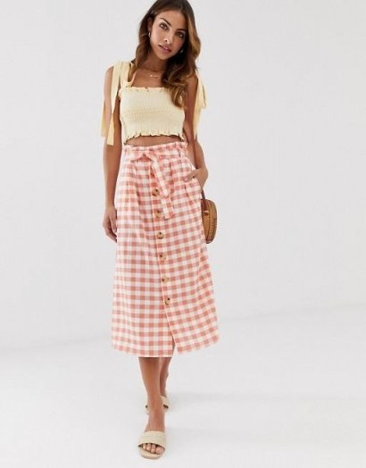 Stradivarius gingham rustic skirt in pink / checked summer skirts - flipped