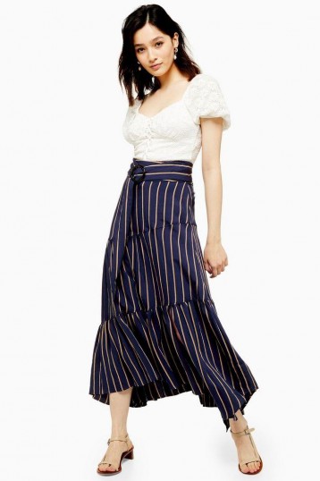 Topshop Stripe Tiered Maxi Skirt in Navy Blue