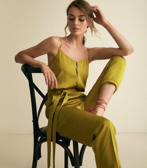 REISS TANIA BUTTON DETAIL JUMPSUIT GREEN ~ skinny strap jumpsuits - flipped