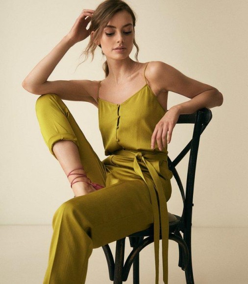 REISS TANIA BUTTON DETAIL JUMPSUIT GREEN ~ skinny strap jumpsuits