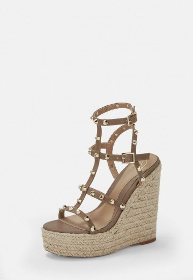 MISSGUIDED taupe dome stud wedges ~ strappy high heels summer wedges - flipped