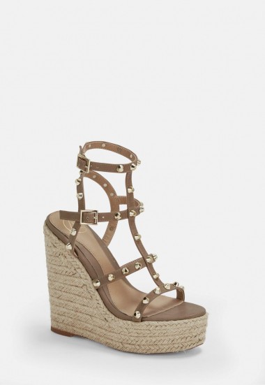 MISSGUIDED taupe dome stud wedges ~ strappy high heels summer wedges