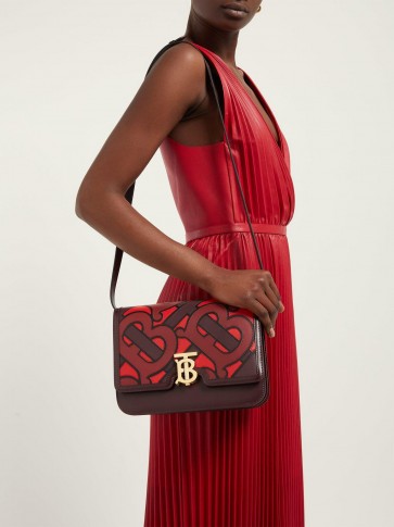 BURBERRY TB medium monogram-appliqué leather cross-body bag in burgundy