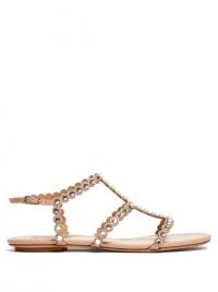 AQUAZZURA Tequila crystal-embellished T-bar leather sandals in beige | luxe summer flats