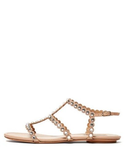 AQUAZZURA Tequila crystal-embellished T-bar leather sandals in beige | luxe summer flats - flipped