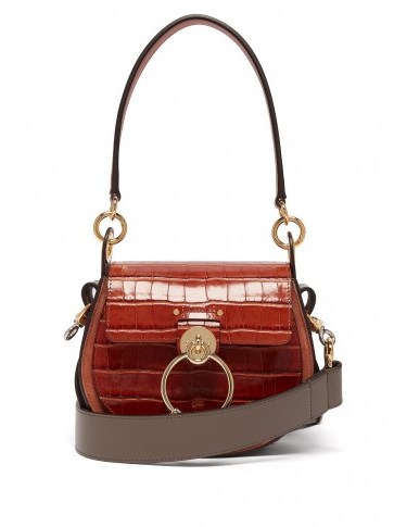 CHLOÉ Tess small crocodile-effect leather cross-body bag in brown - flipped
