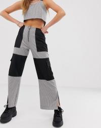 The Ragged Priest wide leg trousers with panels in mixed check co-ord in black | side slit paneled pants