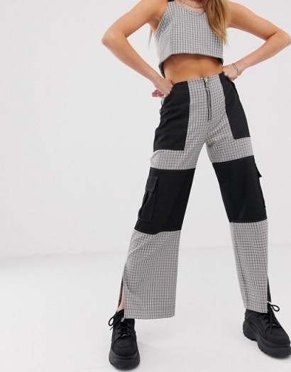 The Ragged Priest wide leg trousers with panels in mixed check co-ord in black | side slit paneled pants - flipped