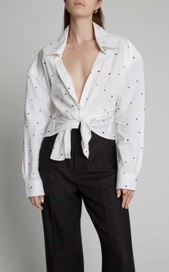 Jacquemus Tie-Front Dotted Broadcloth Shirt in white ~ tailored oversized shirts - flipped