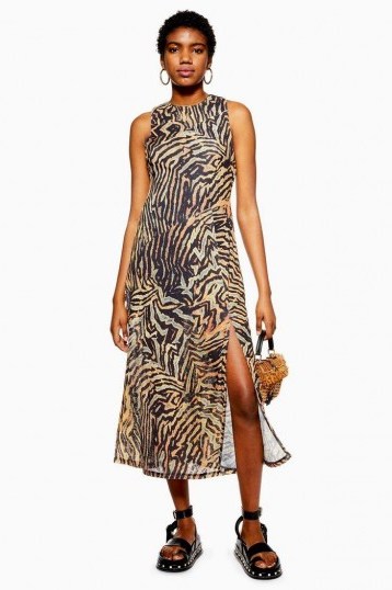 TOPSHOP Tiger Sleeveless Mesh Midi Dress / front slit animal print summer dresses - flipped