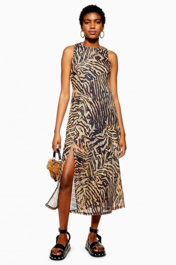 TOPSHOP Tiger Sleeveless Mesh Midi Dress / front slit animal print summer dresses