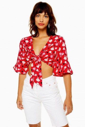 Topshop Tulip Print Knot Front Crop Top in red | summer tops - flipped