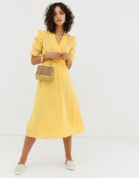 Vero Moda aware micro ruffle sleeve midi dress in yellow | retro fashion