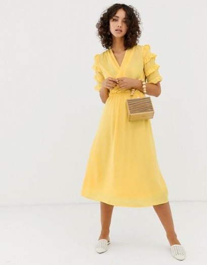 Vero Moda aware micro ruffle sleeve midi dress in yellow | retro fashion - flipped