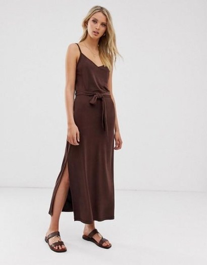 Warehouse modal cami maxi dress in chocolate | long brown slip dresses - flipped