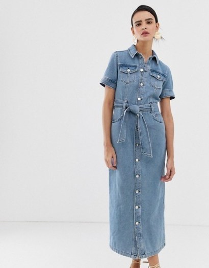 Warehouse western shirt dress in mid wash in blue | tie waist button front dresses - flipped