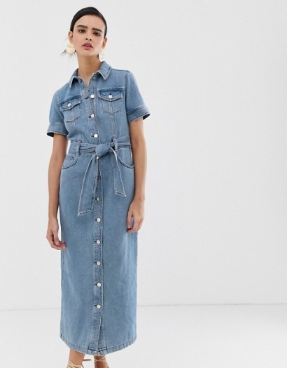 Warehouse western shirt dress in mid wash in blue | tie waist button front dresses