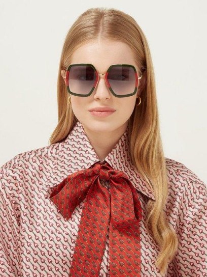 GUCCI Web-striped geometric acetate & metal sunglasses in green and red | large retro eyewear - flipped