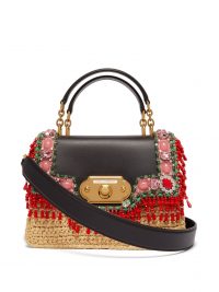 DOLCE & GABBANA Welcome crystal-embellished black leather and raffia bag ~ luxe handbags