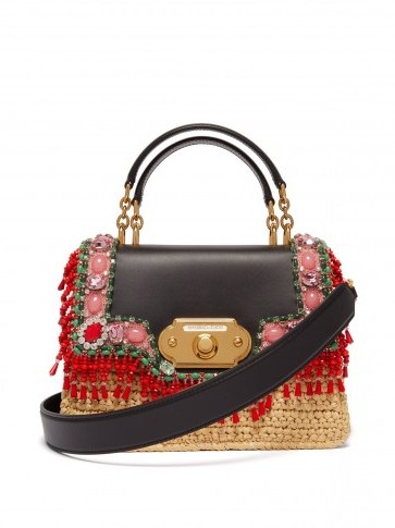 DOLCE & GABBANA Welcome crystal-embellished black leather and raffia bag ~ luxe handbags - flipped