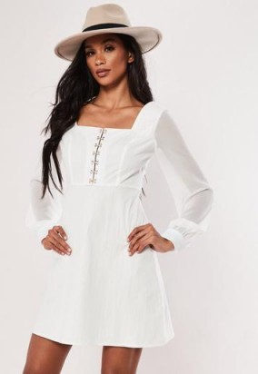 MISSGUIDED white organza hook & eye milkmaid mini dress ~ square neck summer dresses
