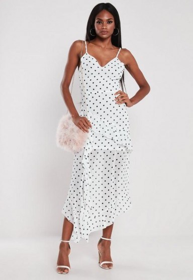 MISSGUIDED white polka dot ruffle cami midi dress ~ ruffled summer dresses - flipped