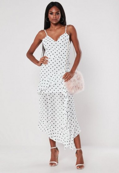 MISSGUIDED white polka dot ruffle cami midi dress ~ ruffled summer dresses