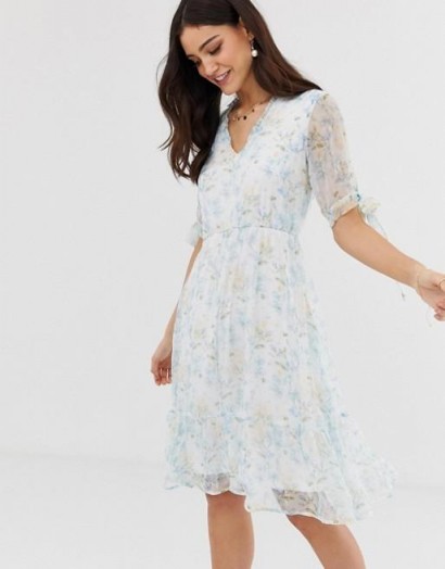 Y.A.S Watercolour Floral Sheer Mini Dress / tie sleeve summer occasion dresses