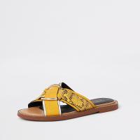 River Island Yellow cross strap ring flat sandals | summer snake print flats
