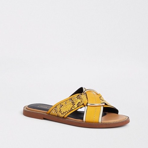 River Island Yellow cross strap ring flat sandals | summer snake print flats - flipped