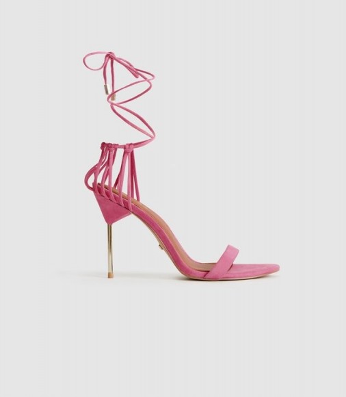 REISS ZHANE SUEDE STRAPPY WRAP SANDALS PINK ~ gold-tone stiletto heels