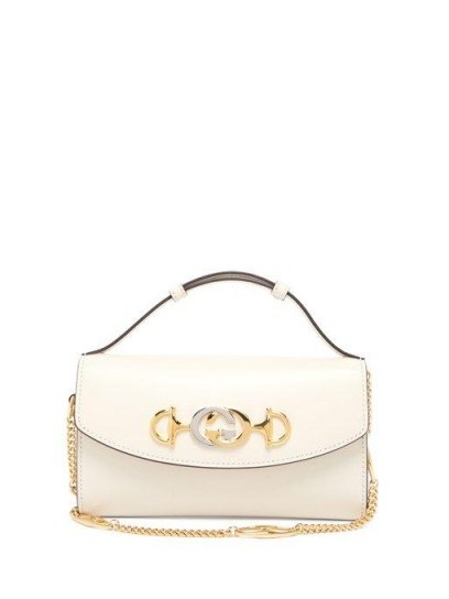 GUCCI Zumi double-strap leather cross-body bag in white ~ small chic handbag - flipped