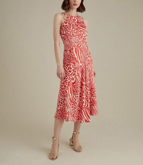 Karen Millen Animal Print Midi Dress in RED/MULTI / strappy shoulder dresses - flipped