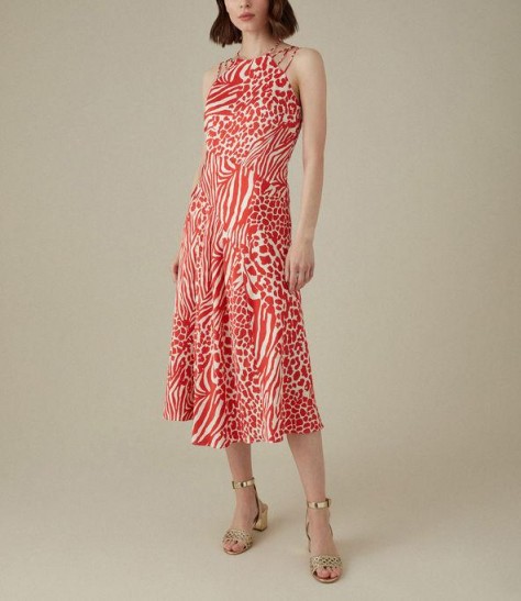 Karen Millen Animal Print Midi Dress in RED/MULTI / strappy shoulder dresses
