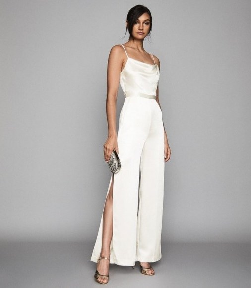 REISS ARIZONA SATIN COWL NECK JUMPSUIT IVORY ~ luxe event wear - flipped