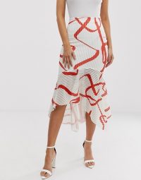 ASOS DESIGN abstract print midi pencil skirt with fishtail hem red / white