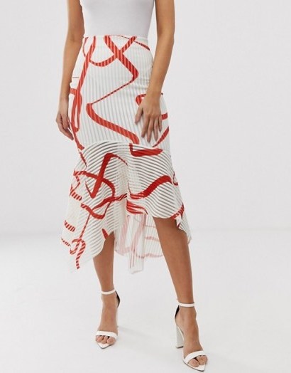 ASOS DESIGN abstract print midi pencil skirt with fishtail hem red / white - flipped