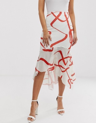 ASOS DESIGN abstract print midi pencil skirt with fishtail hem red / white