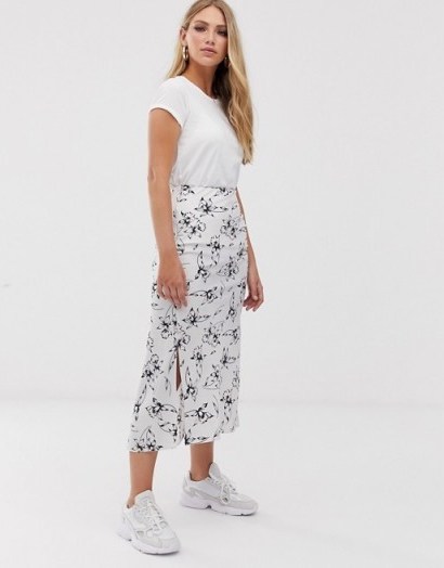 ASOS DESIGN bias cut satin midi skirt with splits in silver floral print - flipped