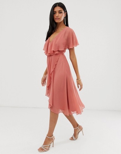 ASOS DESIGN cape back dipped hem midi dress – rose-pink floaty party dress