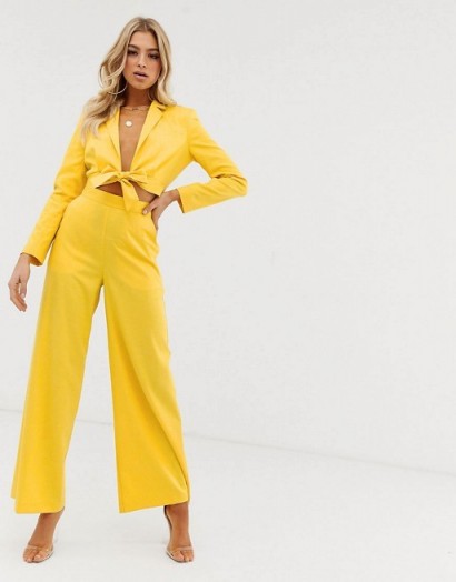 ASOS DESIGN extreme high waist tie front suit co-ord | yellow summer party trouser set
