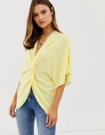 ASOS DESIGN knot front top with kimono sleeve lemon | yellow oriental inspired tops - flipped