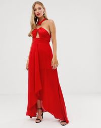 ASOS DESIGN maxi dress with circle trim detail in poppy-red – long glamorous prom dresses