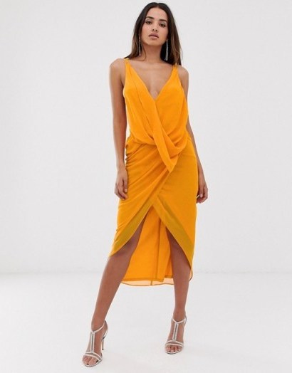 ASOS DESIGN midi dress in soft chiffon drape with wrap neck yellow - flipped