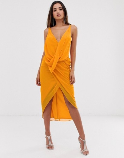 ASOS DESIGN midi dress in soft chiffon drape with wrap neck yellow