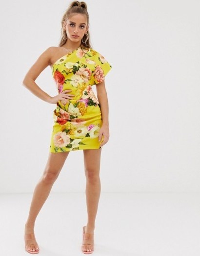 ASOS DESIGN one shoulder strap detail blossom floral mini dress yellow - flipped