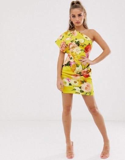 ASOS DESIGN one shoulder strap detail blossom floral mini dress yellow
