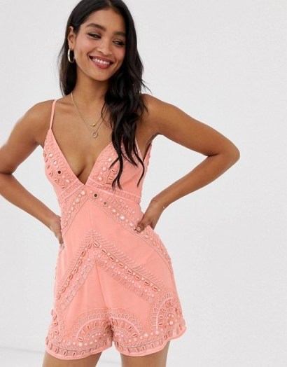 ASOS DESIGN plunge neck cami playsuit with shell embellishment Coral - flipped