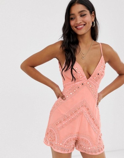 ASOS DESIGN plunge neck cami playsuit with shell embellishment Coral