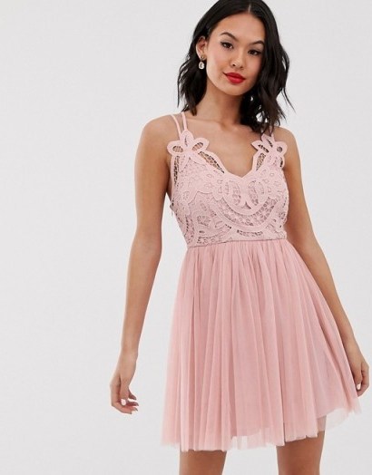 ASOS DESIGN Premium lace top tulle cami mini dress in blush – pink fit and flare prom frock - flipped